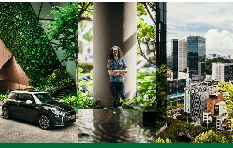 A collage consisting of three pictures: on the left a MINI Cooper SE in front of a vertical living facade, in the middle architect Yann Follain at the Hotel Parkroyal Collection Pickering, on the right skyscrapers in Singapore.