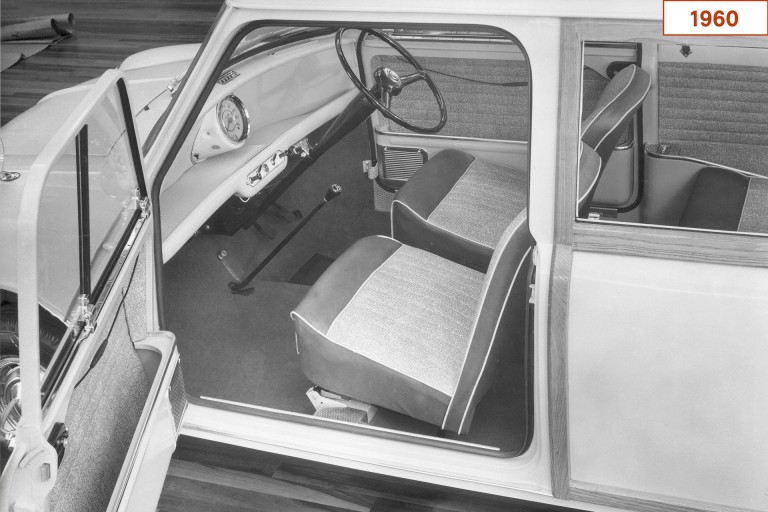 The interior of the Austin Mini Countryman. This car, along with the Morris Mini Traveller were the original Mini’s estate variants.