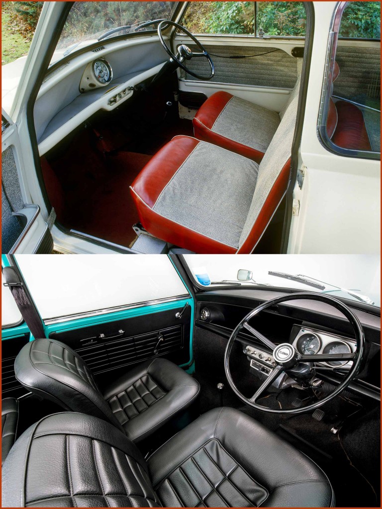 A collage of the interior’s of the original Mini and the Mini Clubman.