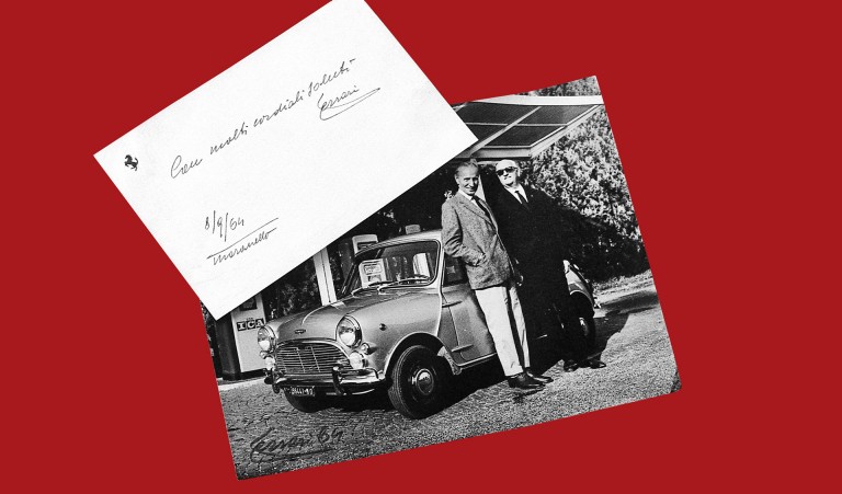 A photo of Alec Issigonis and Enzo Ferrari with a classic Mini and a letter Enzo Ferrari sent to Sir Alec Issigonis.