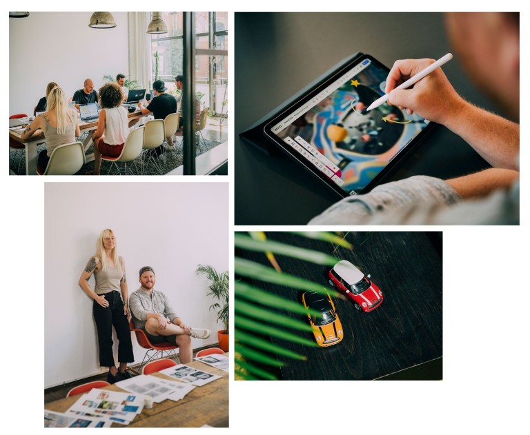 A collage of images featuring scenes from the Demodern office in Cologne.